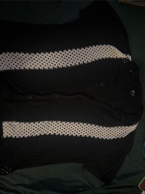 F21 Black Short-Sleeve Knit Shirt with White Stripes